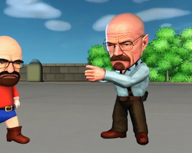 Image similar to walter white in super smash bros, screenshot, zoomed out, HD, battlefield, blurry, photograph of TV