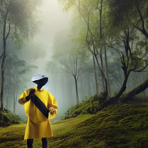 Image similar to photo studio with rainforest and foggy background. fisherman in yellow balenciaga cloth, plastic bag and black mask. photorealistic high resolution, redshift render, 8 k