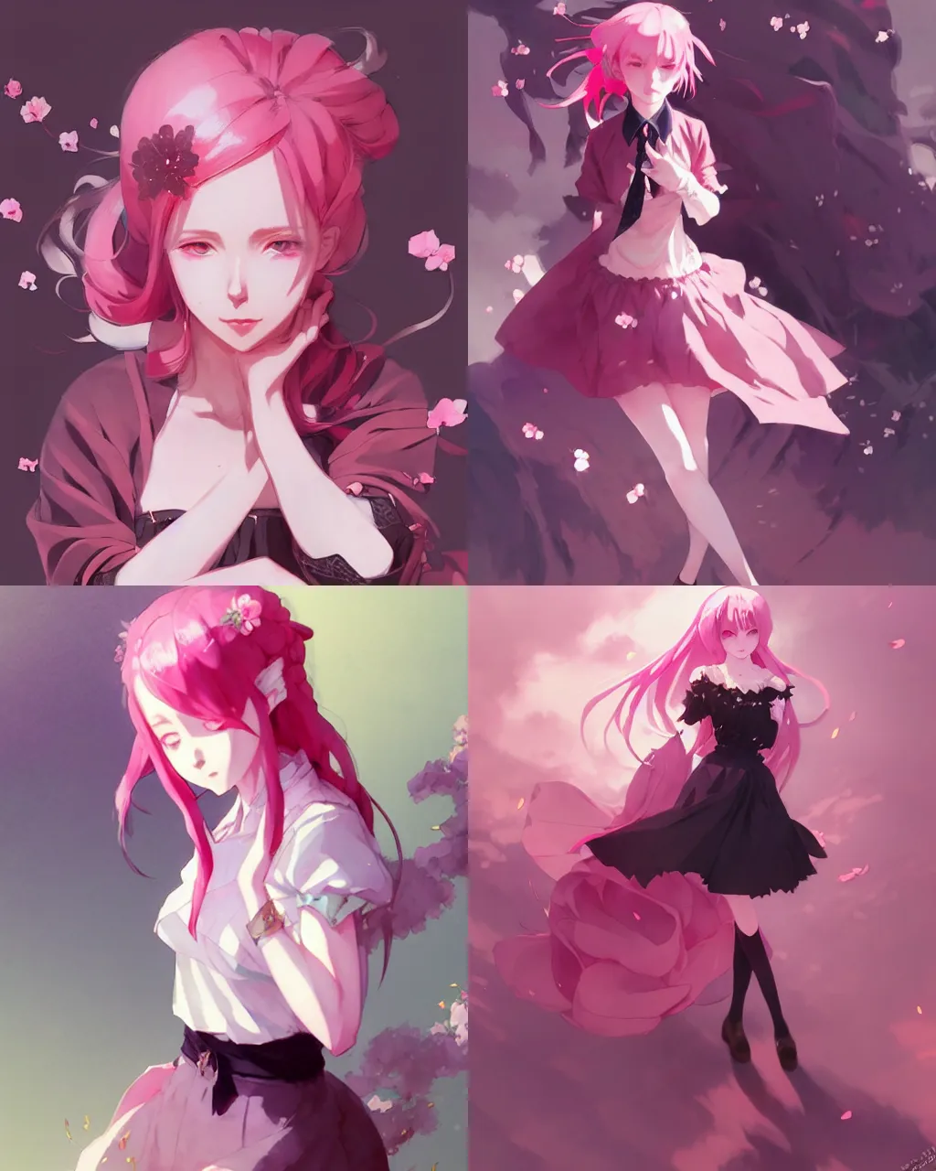 Prompt: a girl with pink hair and black skirt, flower decoration on the background, a beautiful half body illustration, top lighting, perfect shadow, reduce saturation, leaning towards watercolor, art by hidari and krenz cushart and wenjun lin