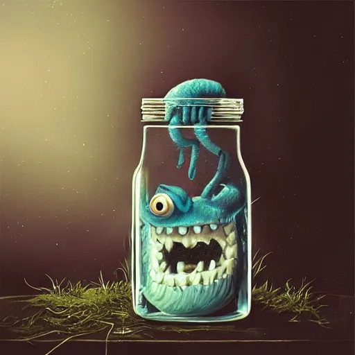 Image similar to cute monster in a jar by Greg Rutkowski, product photography, centered, studio lightning