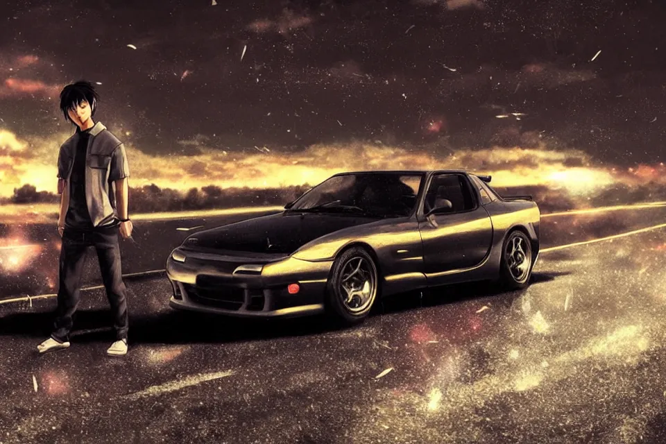 Image similar to aesthetic detailed illustration of ryosuke takahashi with black hair, standing by his white glossy mazda rx 7 on an empty highway at sunrise, cinematic lighting, initial d anime 1 0 8 0 p, detailed anime face, high detail, 9 0 s anime aesthetic, volumetric lights, rule of thirds, unreal engine 5 render, pinterest wallpaper, trending on artstation