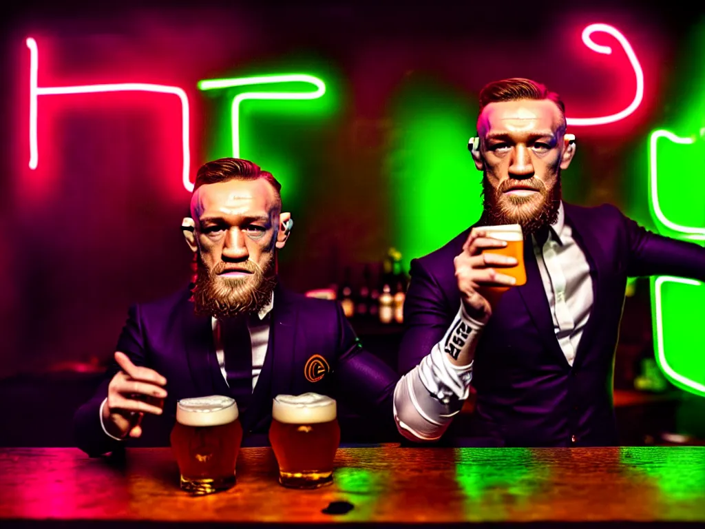 Image similar to a well framed portrait of conor mcgregor drinking a beer in an irish pub with a neon bar, laser lighting, trending on art station, in the style of the movie heat with al pacino, volumetric lighting & shadows, hyper detailed, digital art, unreal engine, 4 0 0 mm f 1. 8,