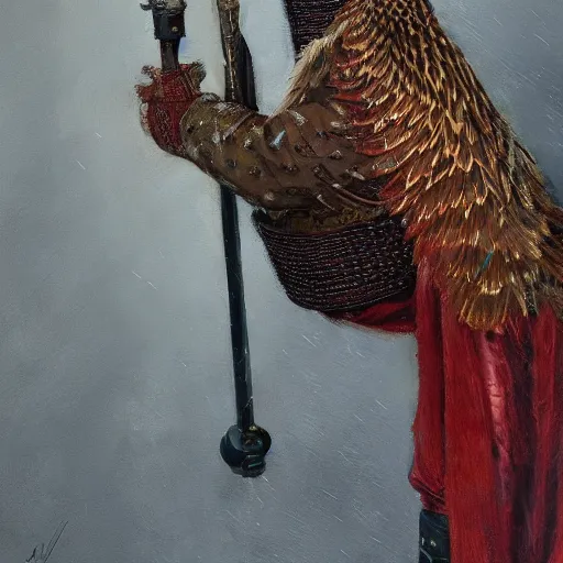 Image similar to a pheasant is girded with a belt, a sword hangs on the belt, by lily seika jones , rivuletpaper art, top cinematic lighting, cinematic mood, very detailed, shot in canon, by Viktor Vasnetsov, oil painting, harsh fairy tale, soft style, hyperrealism, beautiful, high resolution, trending on artstation,