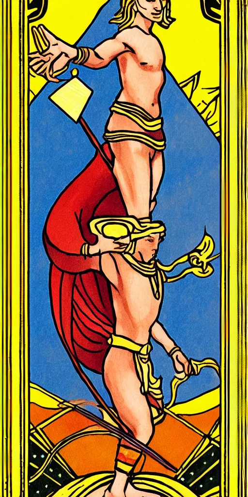 Prompt: the fool, rider - waite tarot card with an art deco boarder, high quality, digital painting