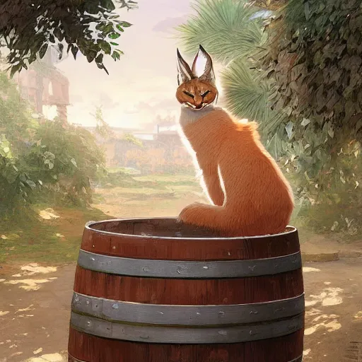 Image similar to a digital art of cute fluffy caracal near a wooden barrel lying at the side, at after noon, ancient greek city, by krenz cushart and mucha and akihito yoshida and greg rutkowski and makoto shinkai, long shot, back lighting, detailed eyes, 4 k resolution, trending on art station