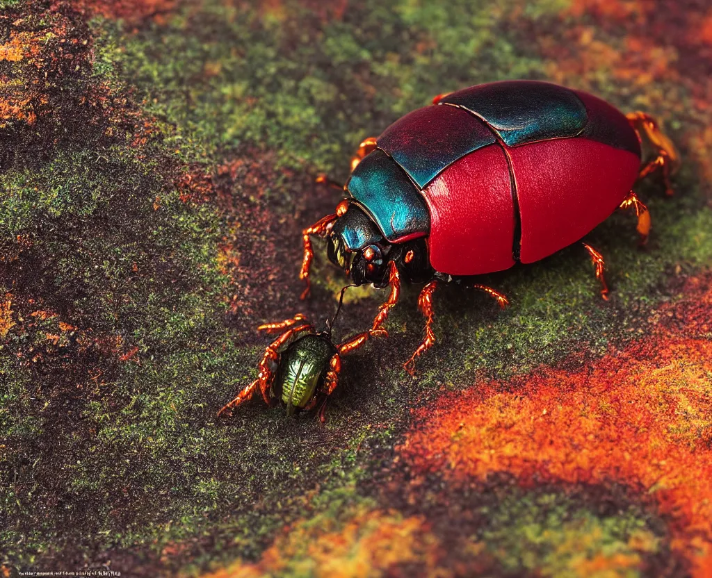 Prompt: a closeup of a beautiful colorful beetle coleoptera by gustave boulanger, frank frazetta, zhang kechun. icelandic landscape. high quality award - winning national geographic by clemens ascher, paul barson.