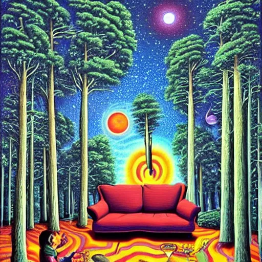 Prompt: psychedelic trippy music pine forest, planets, milky way, sofa, cartoon by rob gonsalves