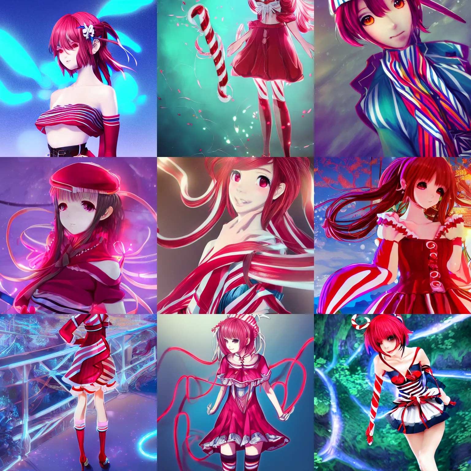 Prompt: a cranky and incredibly beautiful and elegant anime girl named claire who caught covid and dresses like a candy cane, intricate linework, bright colors, final fantasy, behance contest winner, vanitas, angular, altermodern, unreal engine 5 highly rendered, global illumination, radiant light, detailed and intricate environment