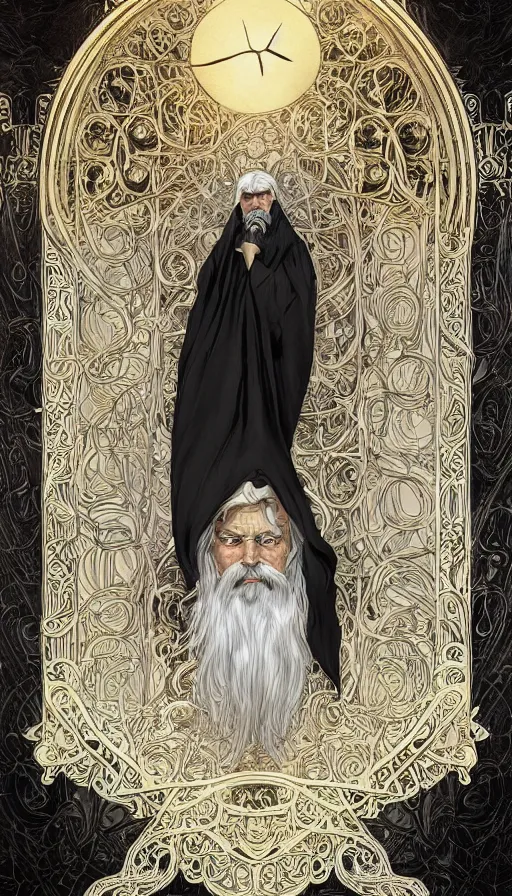 Prompt: the old man with white beard wore a black cloak, a black cloak and a white beard, highly detailed, very intricate, art nouveau, gold filigree, left right symmetry, tarot concept art watercolor illustration by mandy jurgens and alphonse mucha and alena aenami, featured on artstation