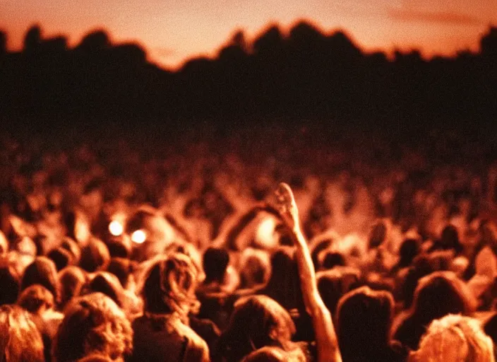Image similar to a 2 8 mm macro photo from the back of a crowd at a rock concert festival in silhouette in the 1 9 7 0 s, bokeh, canon 5 0 mm, cinematic lighting, dramatic, film, photography, golden hour, depth of field, award - winning, 3 5 mm film grain