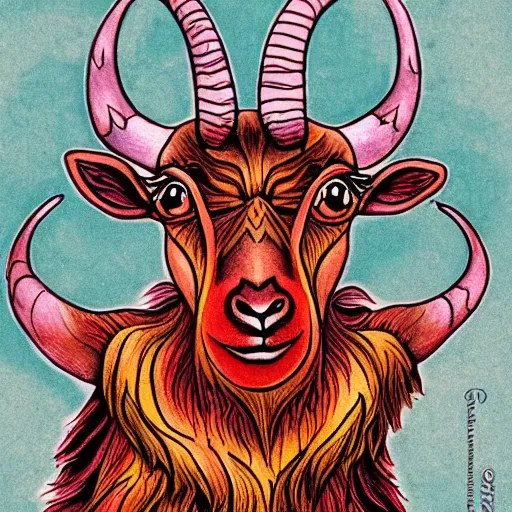 Image similar to a masterpiece illustration of a hellish goat for a tattoo