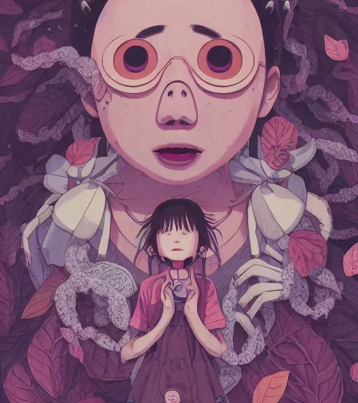 Image similar to portrait, nightmare anomalies, leaves with spirited away by miyazaki, violet and pink and white palette, illustration, kenneth blom, mental alchemy, james jean, pablo amaringo, naudline pierre, contemporary art, hyper detailed