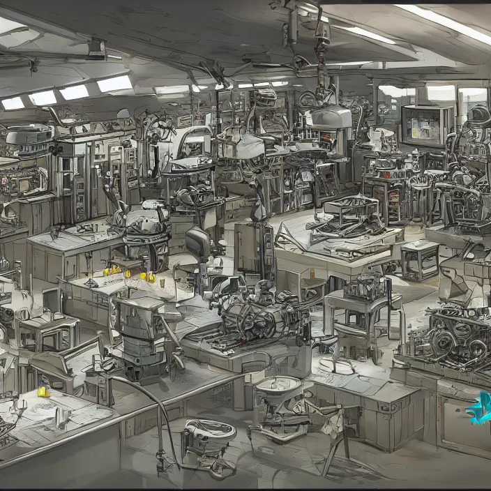 Image similar to highly detailed weapons laboratory, with research, robot arms, tables, parts, windows. Extremely detailed digital art.
