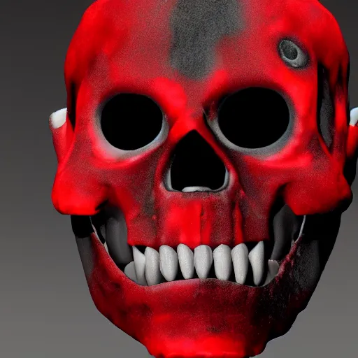 Prompt: Portrait of red skull with black tar dripping from eye sockets 3D render ray traced