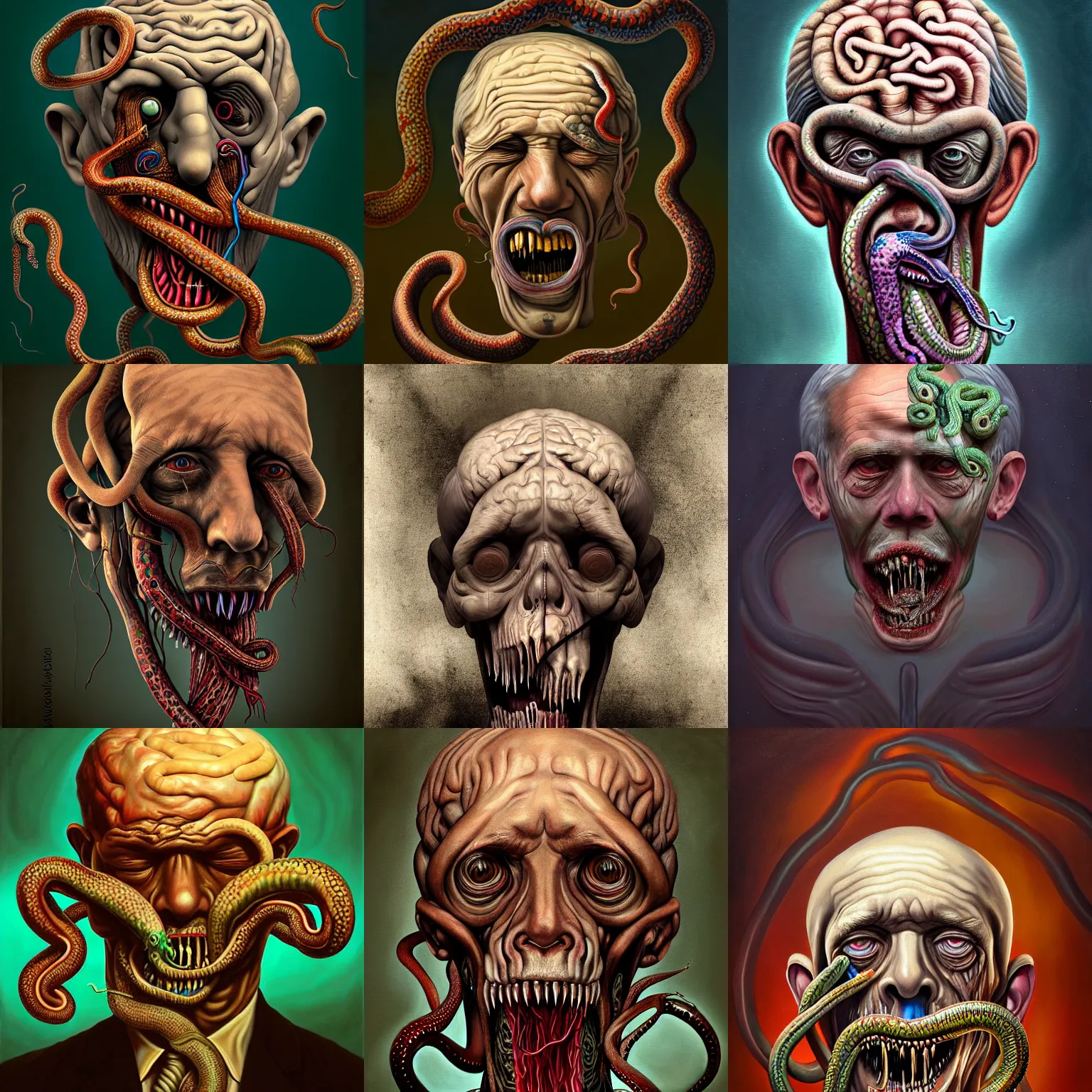 Prompt: a painting of a decapitated aged man's withered face with biting serpents swarming out of his brain, a surrealist painting, polycount, surrealism, surrealist, lovecraftian, cosmic horror
