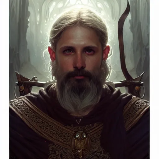 Image similar to portrait painting of a d & d male cleric, ultra realistic, concept art, intricate details, eerie, highly detailed, photorealistic, octane render, 8 k, unreal engine. art by artgerm and greg rutkowski and charlie bowater and magali villeneuve and alphonse mucha