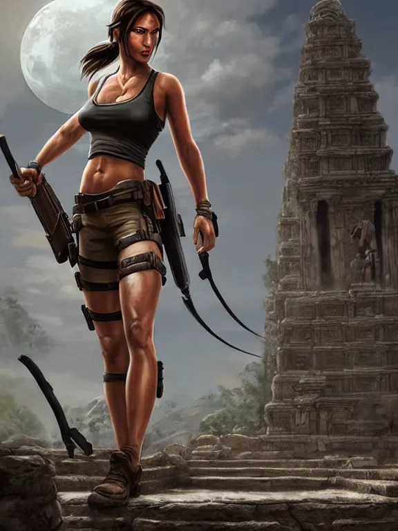 Image similar to lara croft standing in front of an ancient temple, digital painting, extremely detailed, 4 k, intricate, artgerm, by stanley lau