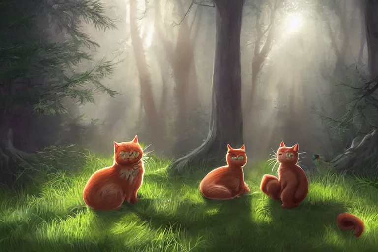 Image similar to cats in the forest, backlighting, digital art, trending on artstation, fanart, by wayne mclouglin, by kawacy