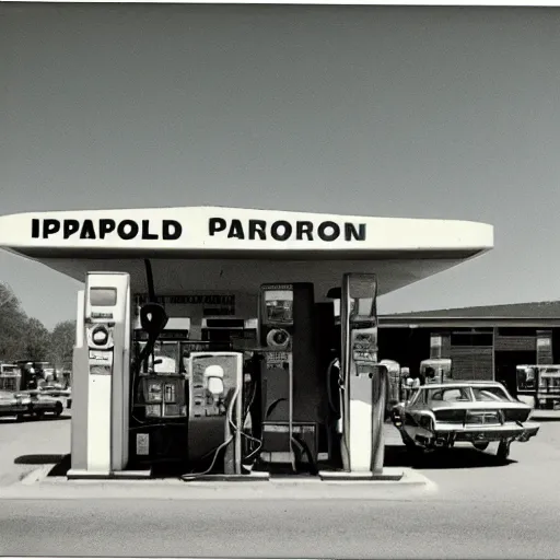 Prompt: polaroid photograph of a gas station from 1 9 6 8