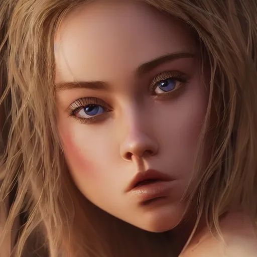 Prompt: close up of beautiful female kissing l 9 6 a 1, stunning blue eyes, blonde hair, disney pixar weta, hi - fructose, decadent highly - detailed digital painting, golden ratio, octane render, artstation, cinematic composition, smooth, sharp focus