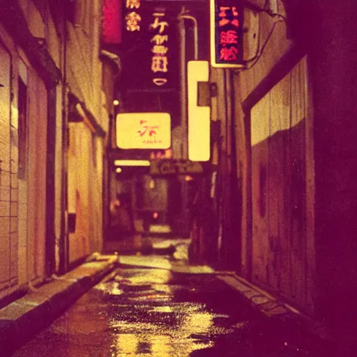 Image similar to 1990s perfect 8K HD professional cinematic photo of close-up japanese schoolgirl sleeping on ground in dystopian alleyway with neon signs, at evening during rain, at instagram, Behance, Adobe Lightroom, with instagram filters, depth of field, taken with polaroid kodak portra