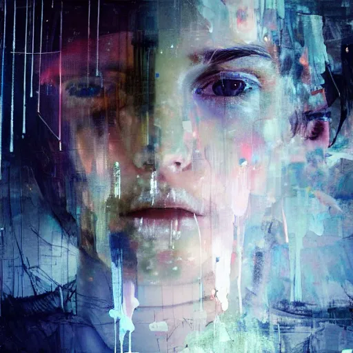 Image similar to glitchart of a young woman lucid dreaming in cyberspace photoreal, atmospheric by jeremy mann francis bacon and agnes cecile, ink drips paint smears digital glitches