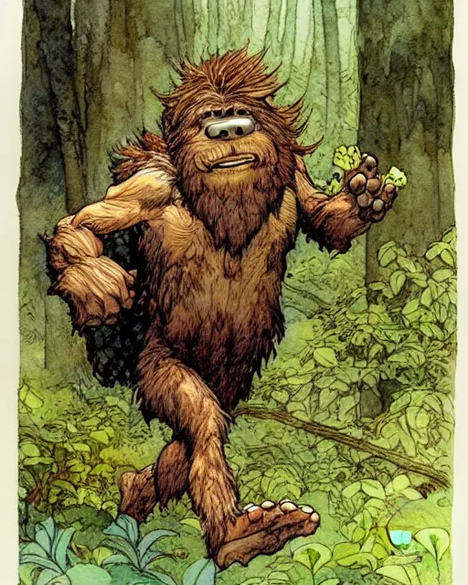 Prompt: a realistic and atmospheric watercolour fantasy character concept art portrait of a chibi bigfoot running through the forest. by rebecca guay, michael kaluta, charles vess and jean moebius giraud