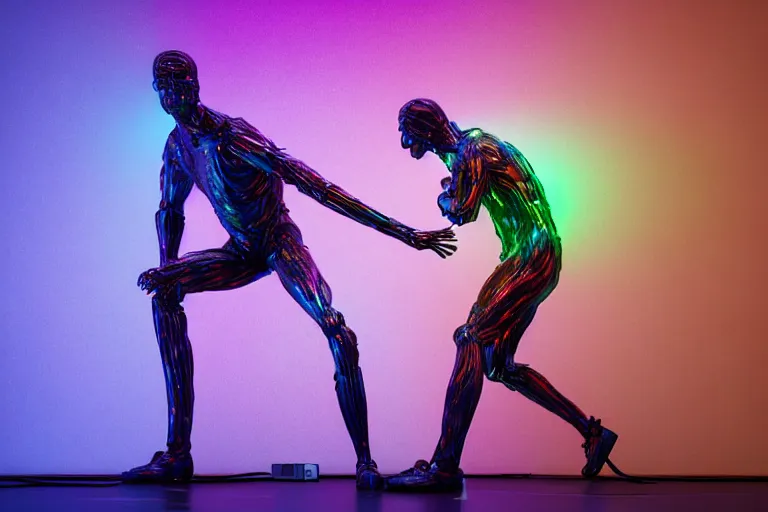 Image similar to full body, alan turing wrestling with agent smith, sculpture by auguste rodin, multicolored glowing tubes, glowing digital eyes, 8 k, front shot, symetrical, flourescent colors, halluzinogenic, multicolored, insanely detailed, 3 d render, octane