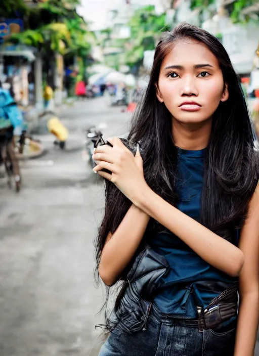 Prompt: Mid-shot portrait of a beautiful 20-years-old woman from Indonesia, with long hair, candid street portrait in the style of Martin Schoeller award winning, Sony a7R