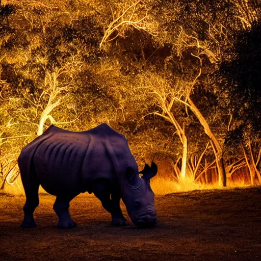 Prompt: photo of rhino at night with dramatic lighting