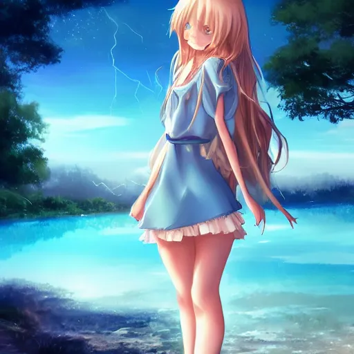 Image similar to a very beautiful anime cute girl, full body, long wavy blond hair, sky blue eyes, full round face, short smile, fancy top, miniskirt, front view, summer lake setting, cinematic lightning, medium shot, mid-shot, highly detailed, cinematic wallpaper by Stanley Artgerm Lau