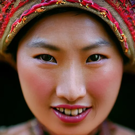 Prompt: vintage portrait of a stunningly beautiful asian tribal female smiling, depth of field, zeiss lens, detailed, symmetrical, centered, fashion photoshoot, by edward s curtis, Annie Leibovitz and Steve McCurry, David Lazar, Jimmy Nelsson, Breathtaking, 8k resolution, extremely detailed, beautiful, establishing shot, artistic, hyperrealistic, beautiful face, octane render