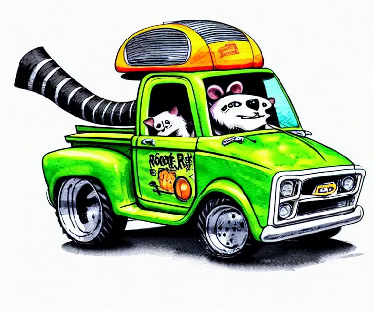 Image similar to cute and funny, racoon wearing a helmet riding in a tiny hot rod shortbed chevy truck with oversized engine, ratfink style by ed roth, centered award winning watercolor pen illustration, isometric illustration by chihiro iwasaki, edited by range murata