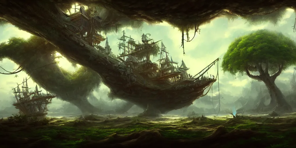 Prompt: A derelict pirate ship grounded in the treetops of giant oaks, game art matte painting hyperdetailed, artstation, cgsociety, 8k, surreal dream landscape