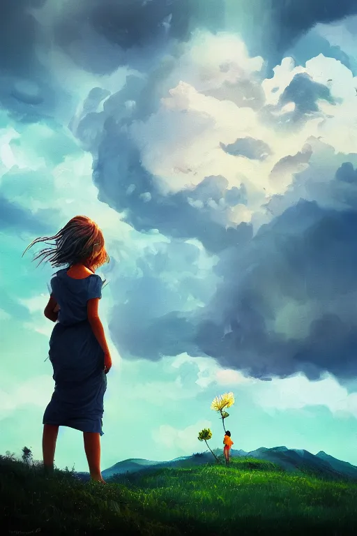 Image similar to closeup girl with giant dahlia flower as head, standing on mountain, surreal photography, blue storm clouds, dramatic light, impressionist painting, digital painting, artstation, simon stalenhag