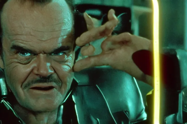 Image similar to Jack Nicholson plays Pikachu Terminator scene where his inner exoskeleton is visible and his eye glows red, still from the film