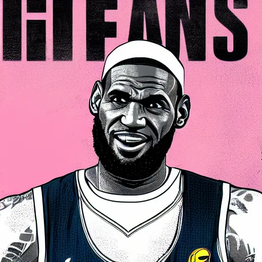 Prompt: happy lebron james, gta v cover art, art by stephen bliss