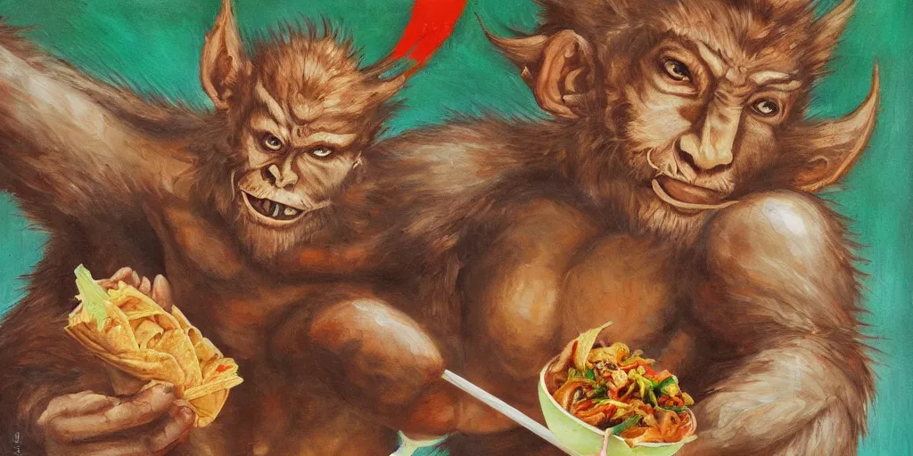 Prompt: Sun WuKong eating mexican food, oil painting