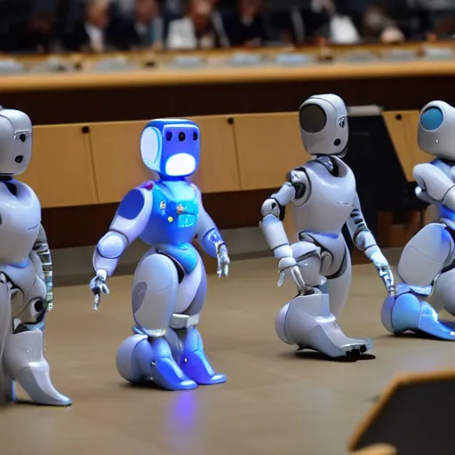 Image similar to robots at a UN meeting arguing if they should get rid of all humans or keep some as pets