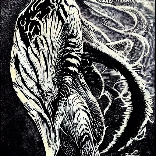 Image similar to “ aaron horkey ” “ bernie wrightson ” saber tooth tigrer aerial horror shape 1 0 2 4 x 1 0 2 4