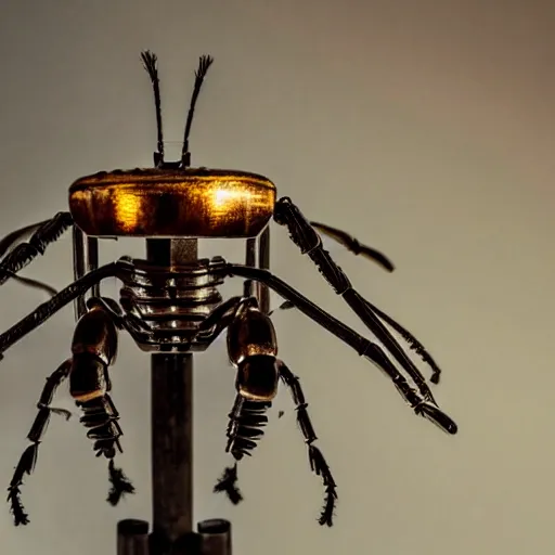 Prompt: Invertebrate steampunk insect robots made out of steel in the room on the table. Depth of field. Beautiful studio lighting in the moment of sunset