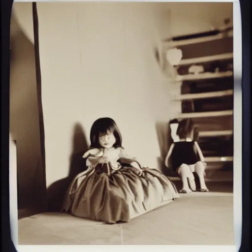 Prompt: a toddler girl sitting in a living room designed by yohji yamamoto, polaroid