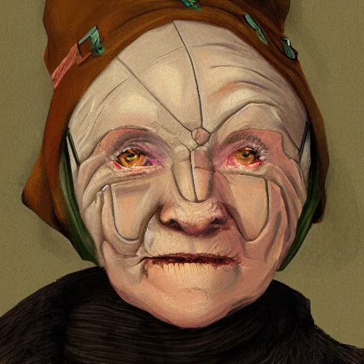 Prompt: Digital painting of a old 17th century old lady cyborg