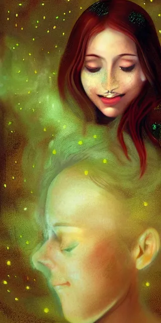 Image similar to infp young woman, smiling, amazed by golden fireflies lights, sitting in the midst of nature fully covered, long loose red hair, intricate linework, green eyes, small nose with freckles, oval shape face, realistic, expressive emotions, dramatic lights, spiritual scene, hyper realistic ultrafine art by cecco del caravaggio and albert bierstadt and artgerm