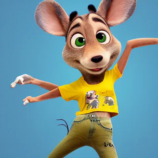 Image similar to 3 d render, portrait, headshot, closeup, anthropomorphic mouse, female, wearing denim short shorts and a off yellow tank top shirt, in the style of zootopia