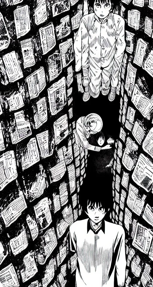 Prompt: A bottomless pit, manga, by Junji Ito