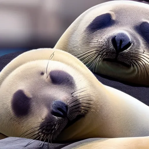 Prompt: a picture of a tall stack of fat baikal seals sleeping, facing camera, from tiktok, 4k ultra hd, realistic