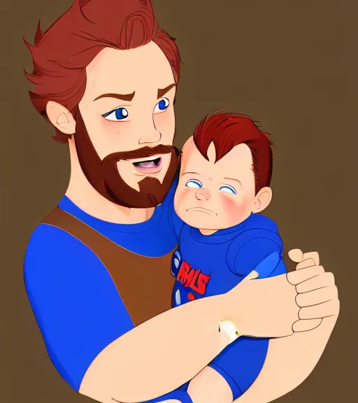 Image similar to a father with short red hair, a short red beard and blue eyes and a slightly chubby face hold his infant son with short brown hair full color digital illustration in the style of don bluth, artgerm, artstation trending, 4 k