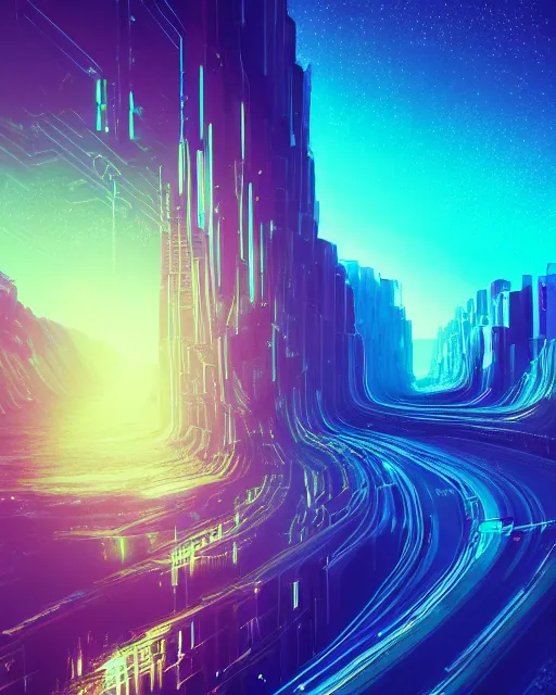 Image similar to Digital world, simulation theory, glitching, scifi, global illumination, unique landscape, fine details, perfect, 8k high detail, masterpiece, trending on ArtStation, by Alena Aenami, Petros Afshar, Liam Wong