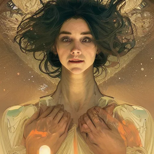 Prompt: The soul detaching from the body, in the universe, highly detailed, digital painting, artstation, concept art, sharp focus, cinematic lighting, illustration, art by artgerm and greg rutkowski, alphonse mucha, cgsociety